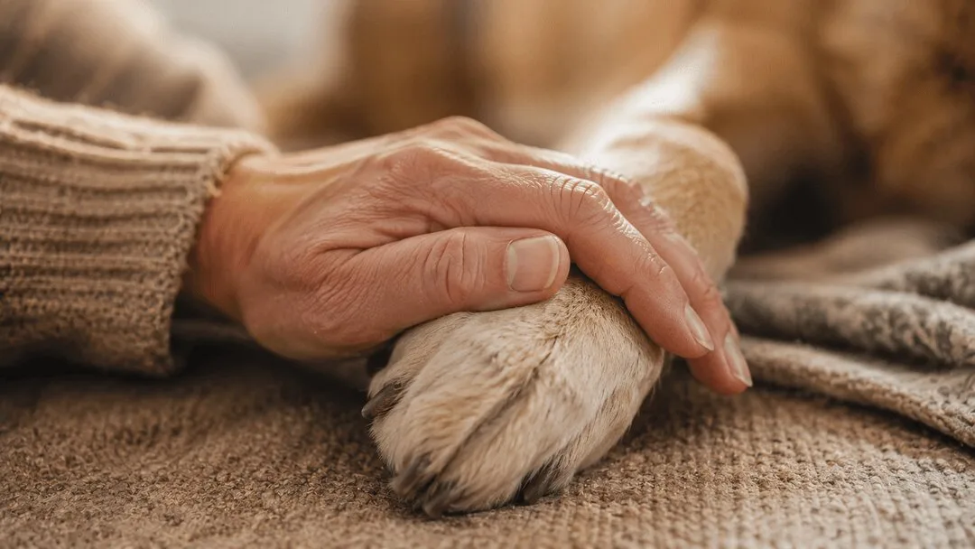 A hand resting gently on a dog's paw